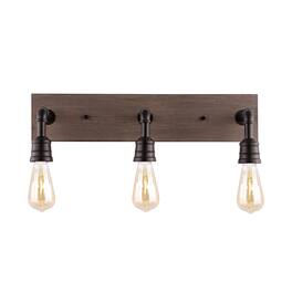 Jonathan Y - Corbett 22.13" 3-Light Rustic Farmhouse Iron LED Vanity, Oil Rubbed Bronze/Brown Wood Finish - Oil-Rubbed Bronze