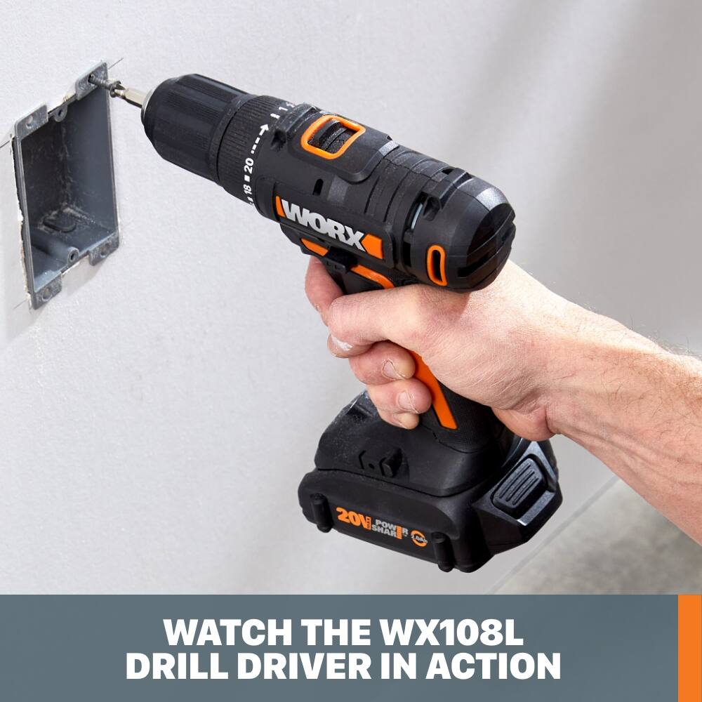 I 20.- 1820 20 1 WORK O 20V POW  
I WATCH THE WX108L DRILL DRIVER IN ACTION