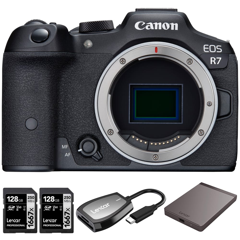 Canon - EOS R7 Mirrorless APS-C Camera Body + 1TB Portable SSD + 2x 128GB Card + Reader