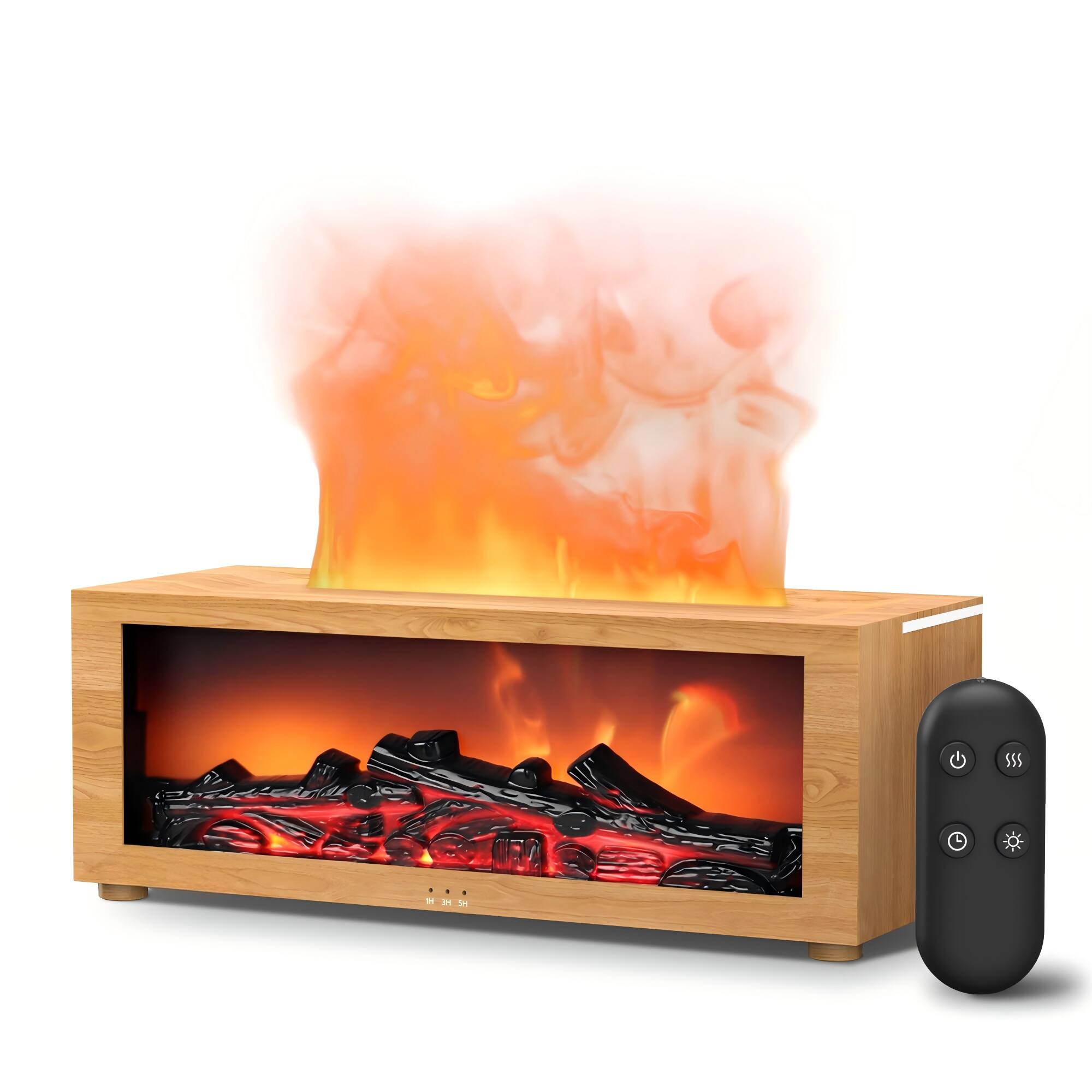 Front. PRIMEPLUS - Fireplace Flame Ultrasonic Aroma Diffuser Humidifier, 7 Colors, Timer for Home, Office, Bedroom, Yoga - Light Wood Grain.