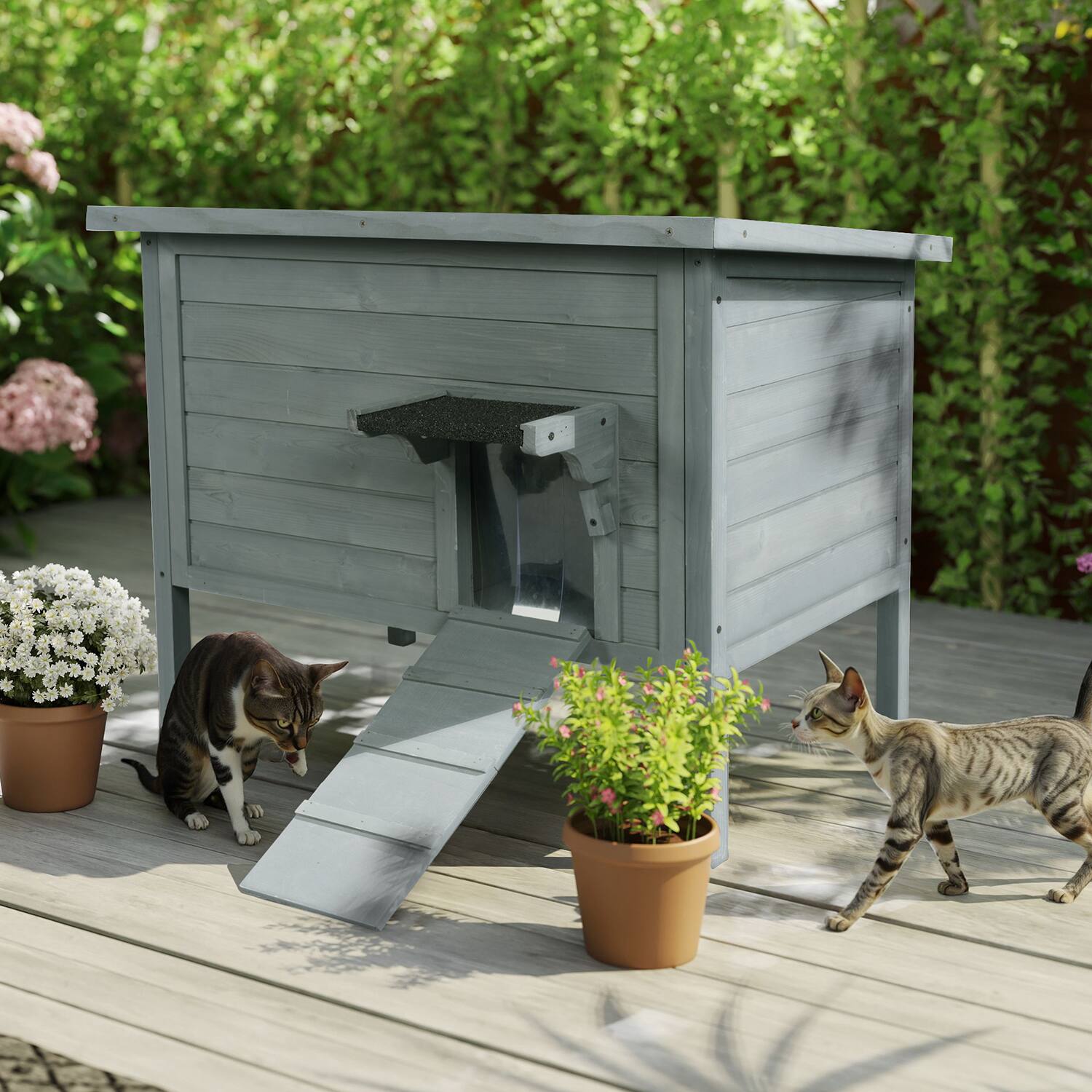 Alt View 2. FODINGHILL - Insulated Outdoor Cat House for Multiple Pets, Weatherproof Wood Shelter with Foldable Ladder & Acrylic Window, Grey.