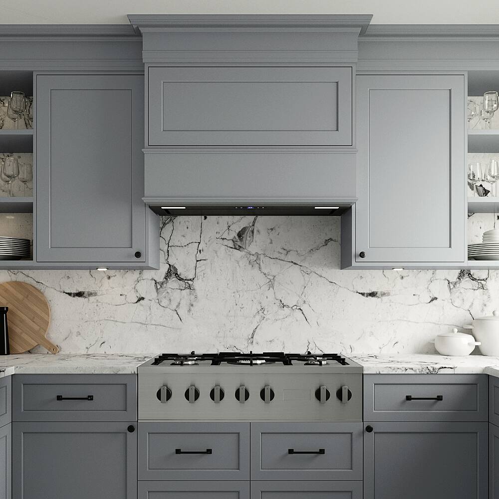 Left. Streamline - 36 in. Gorizia Ducted Insert 350 CFM Range Hood, Mesh Filters, Touchpad Control, LED Lights - Glossy Black.