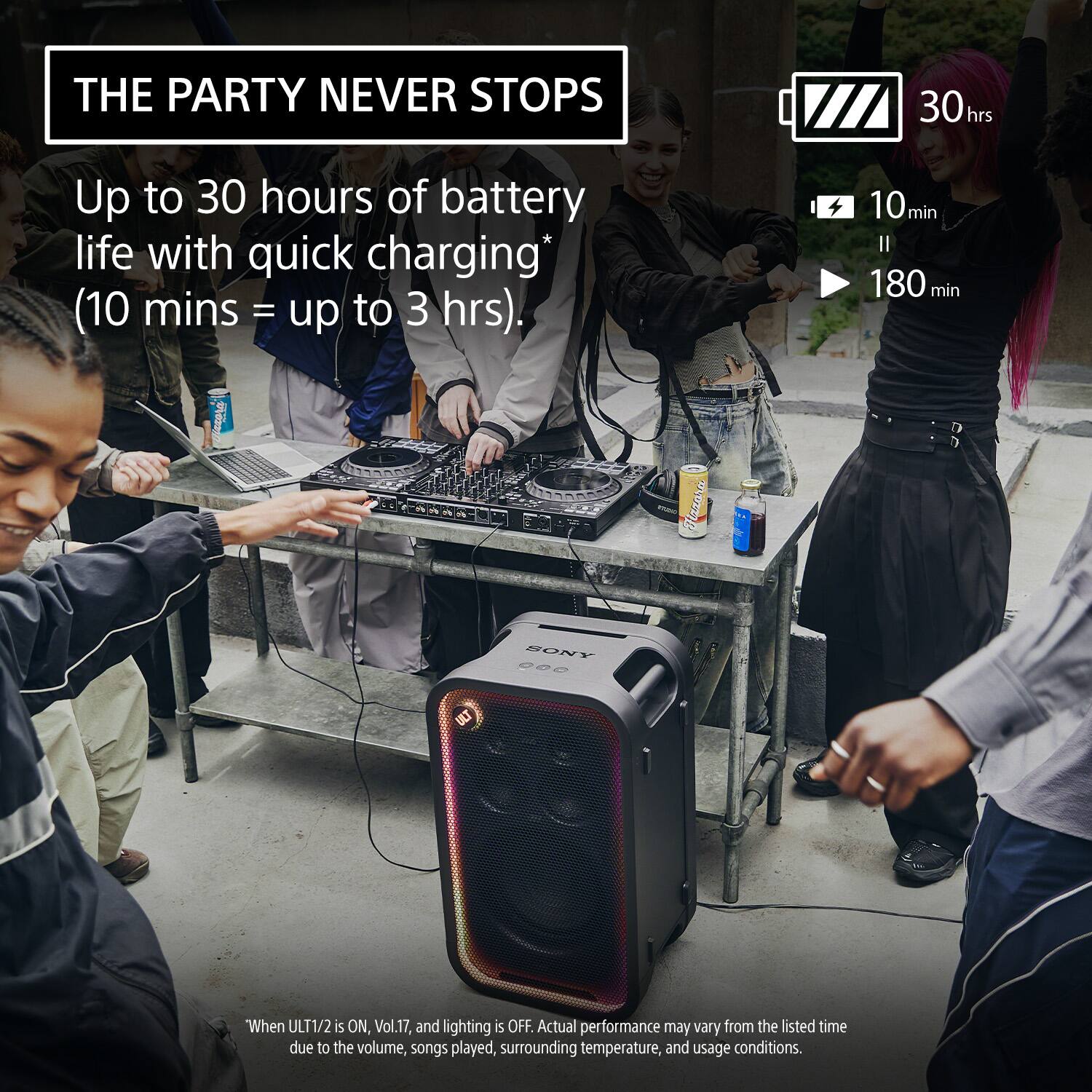 THE PARTY NEVER STOPS

Up to 30 hours of battery life with quick charging* (10 mins = up to 3 hrs).

10 min II 180 min

SONY

ULT

"When ULT1/2 is ON, Vol.17, and lighting is OFF. Actual performance may vary from the listed time due to the volume, songs played, surrounding temperature, and usage conditions.