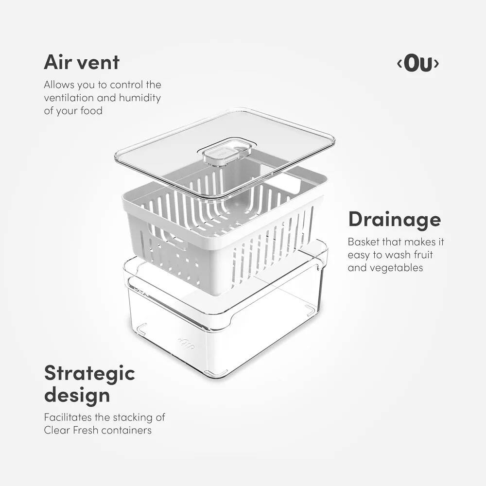 Air vent  
Allows you to control the ventilation and humidity of your food  

Drainage  
Basket that makes it easy to wash fruit and vegetables  

Strategic design  
Facilitates the stacking of Clear Fresh containers