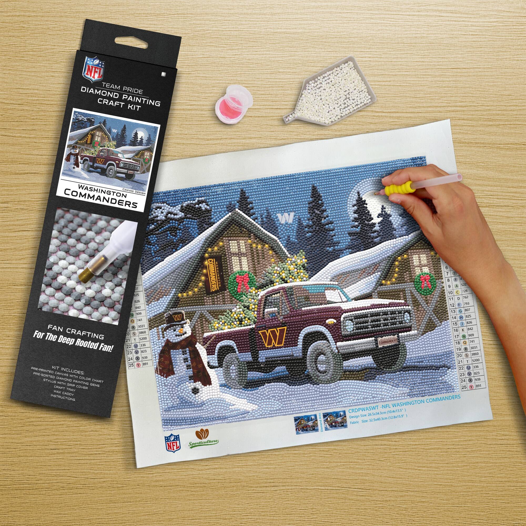 NFL TEAM PRIDE DIAMOND CRAFT PAINTING KIT  
WASHINGTON COMMANDERS  
FAN CRAFTING For The Deep Rooted Fan!  

KIT INCLUDES:  
- PREMIUM CANVAS  
- DIAMOND ART PAINTING KIT  
- STYLE THAT MAKES YOU SMILE  
- INSTRUCTIONS  

GRDPWASWT - NFL WASHINGTON COMMANDERS  
Design Size: 16" x 20"  
Fabric Size: 16" x 20"  
Stitch Count: 16 x 20