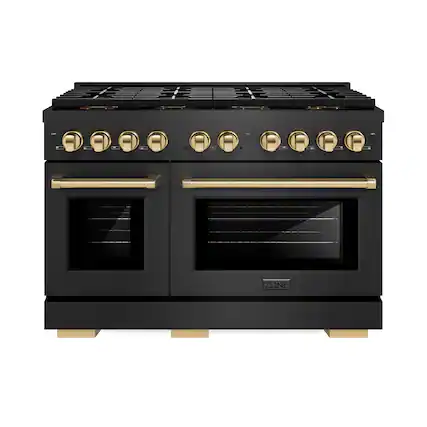 Front. ZLINE - Autograph 48 in. 6.7 cu. ft. Double Oven Freestanding DuoPro Gas Range in Black Satin Stainless Steel and Gold Accents - Black Satin Stainless Steel.
