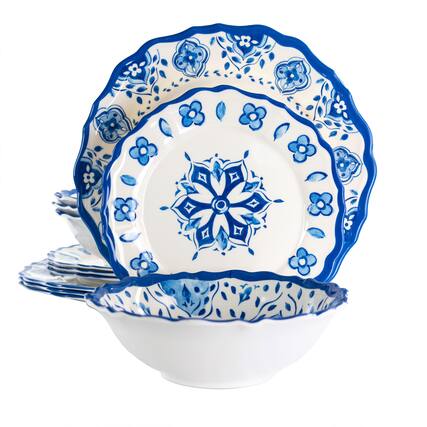 Front. Elama - Elama Blue Garden 12 Piece Scalloped Lightweight Melamine Dinnerware Set in Blue - Blue.