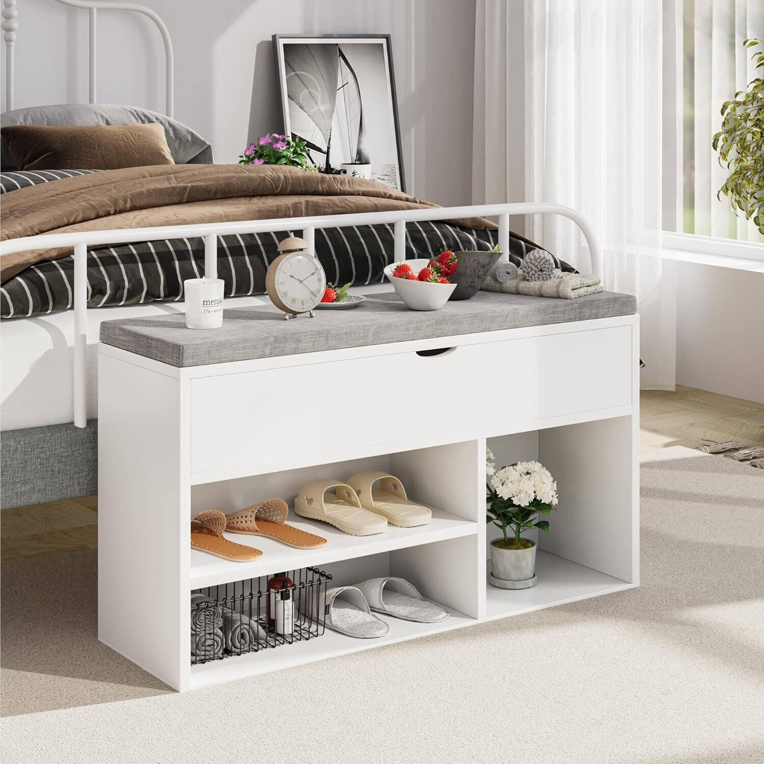 Alt View 3. Acekool - Shoe Bench with Cushion,Adjustable Shelf Entryway Bench,Hidden Storage Shoe Bench Wooden Shoe Rack - White.