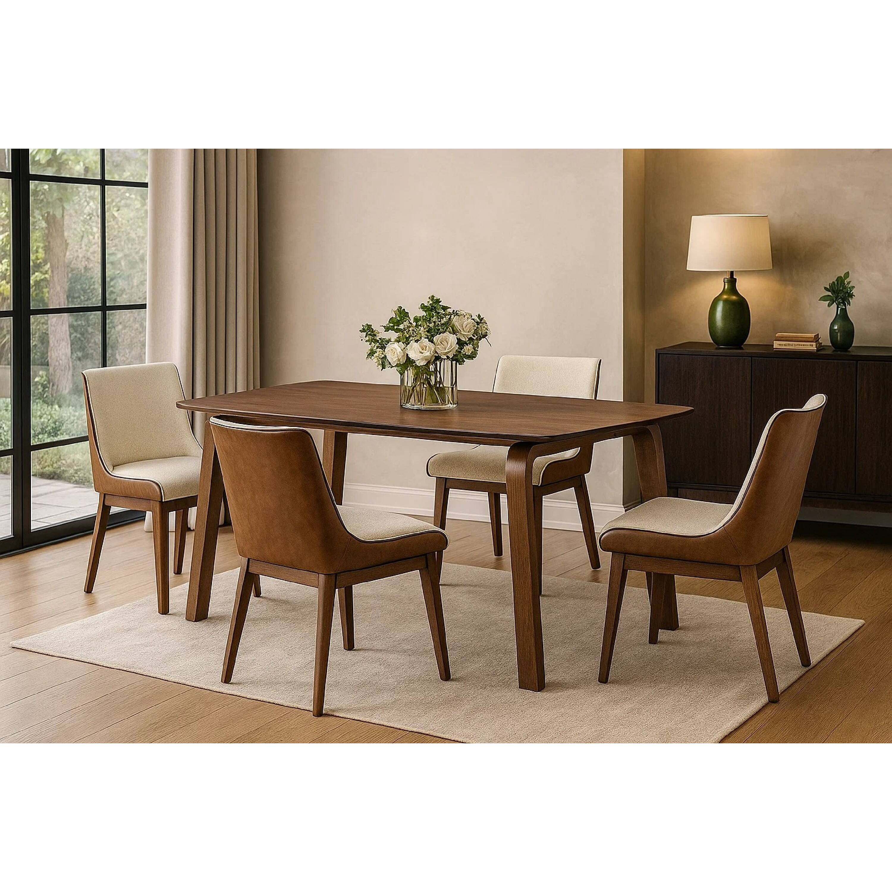 Alt View 5. Manhattan Lane - Iken 7pc Dining Table Set, 6 Cream Fabric Chair, Tapered Legs, Brown Wood - Walnut Brown, Cream.