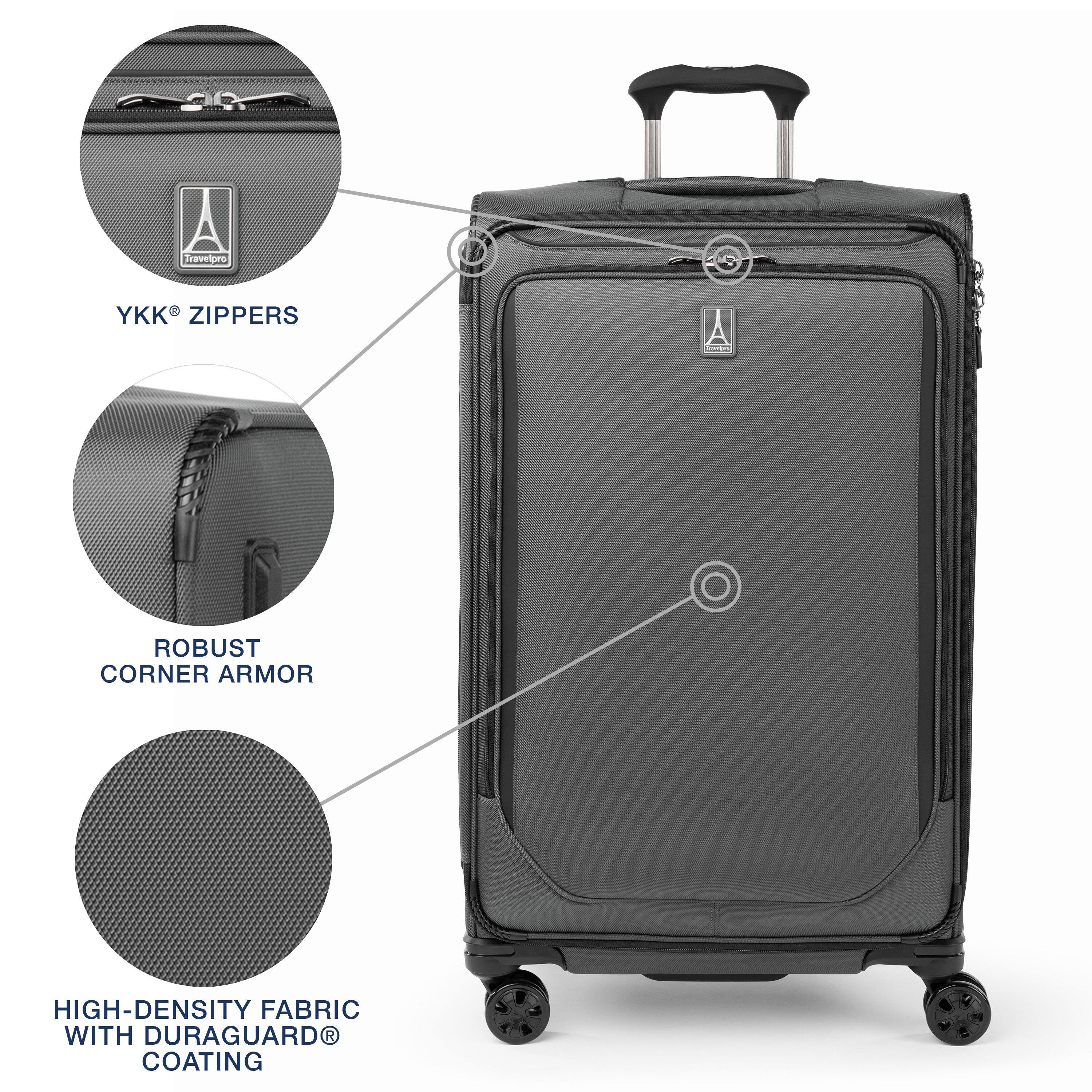 Travelpro p YKK ZIPPERS ROBUST CORNER ARMOR HIGH-DENSITY FABRIC WITH DURAGUARD COATING