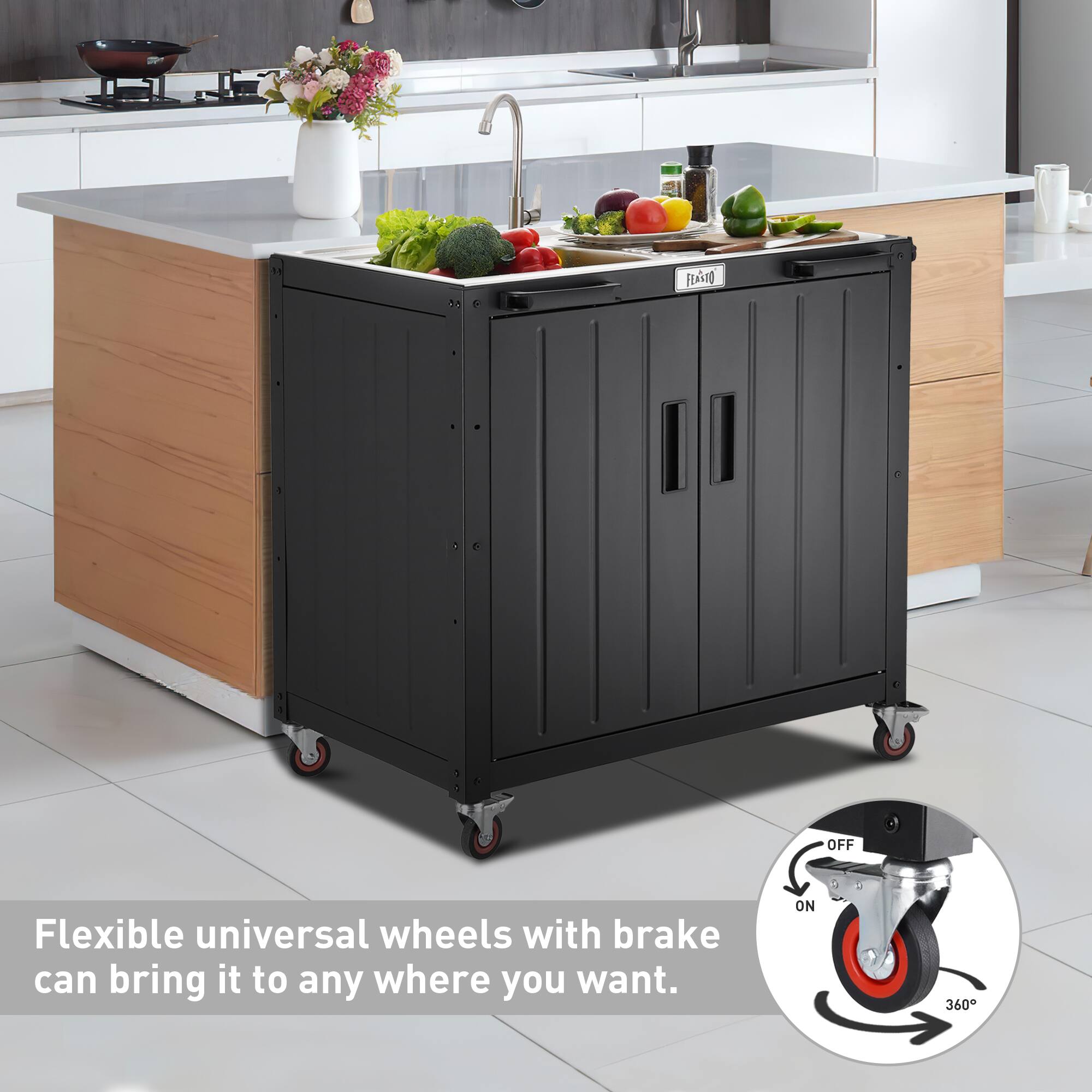 Flexible universal wheels with brake can bring it to any where you want.

OFF ON 360°