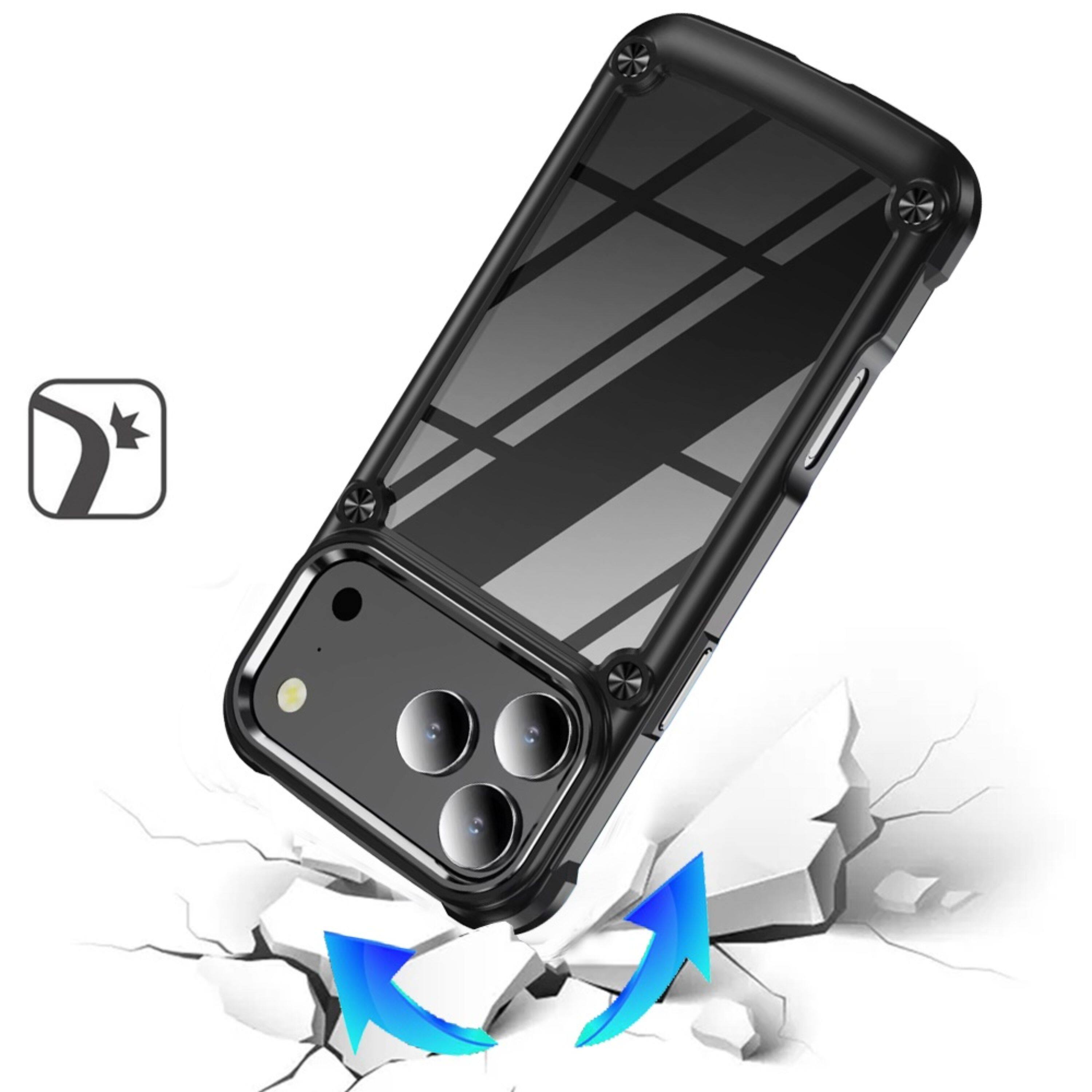 Left. Kitcheniva - Raised Camera Lip Metal Buttons Phone Case With Tempered Glass For iPhone 17 Pro Black - Black.