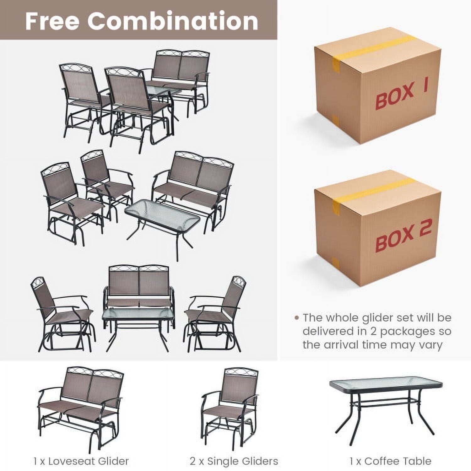 Free Combination

The whole glider set will be delivered in 2 packages so the arrival time may vary

1 x Loveseat Glider  
2 x Single Gliders  
1 x Coffee Table