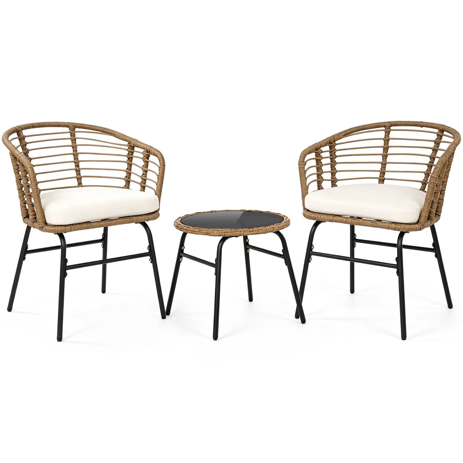 Alt View 1. Costway - Costway 3 Pieces Patio Furniture Set with Tempered Glass Coffee Table and Soft Cushions - Natural, Off White.