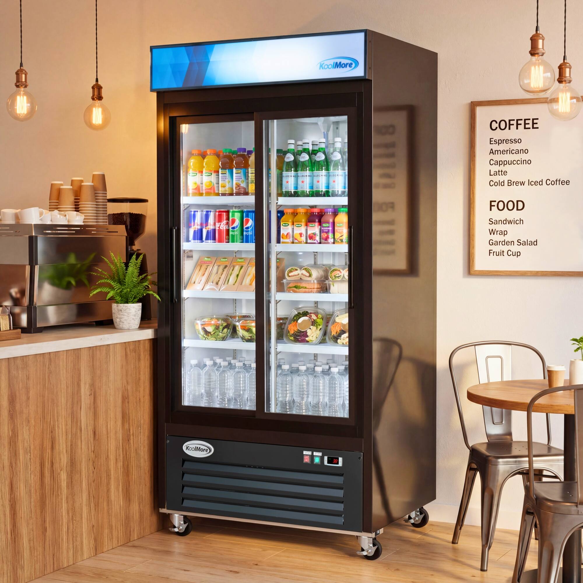 KoolMore 2 - | I - I .. - 1  DIHs FOO COFFEE Espresso Americano Cappuccino Latte Cold Brew Iced Coffee FOOD Sandwich Wrap Garden Salad Fruit Cup