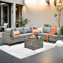 Ovios - 7 PCS Outdoor Patio Furniture Rattan Sectional Sofa with Coffee Table for Backyard - Dark Gray