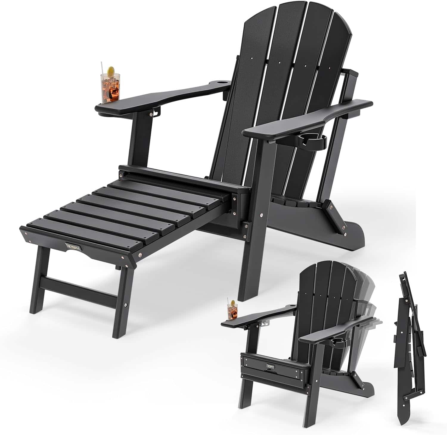 Winado - Adjustable Back Plastic Folding Adirondack Chair with Retractable Footrest, 2-in-1 Cup Holders for Outdoor Patio Garden - Black