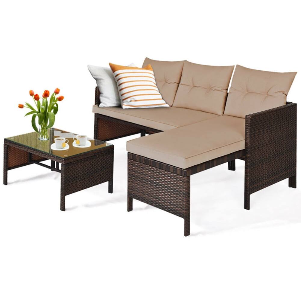 Back. Kadyn - 3 Piece Patio Conversation Set Outdoor Rattan Wicker Furniture Set with Coffee Table Chairs Patio Bistro with Seat - Beige.