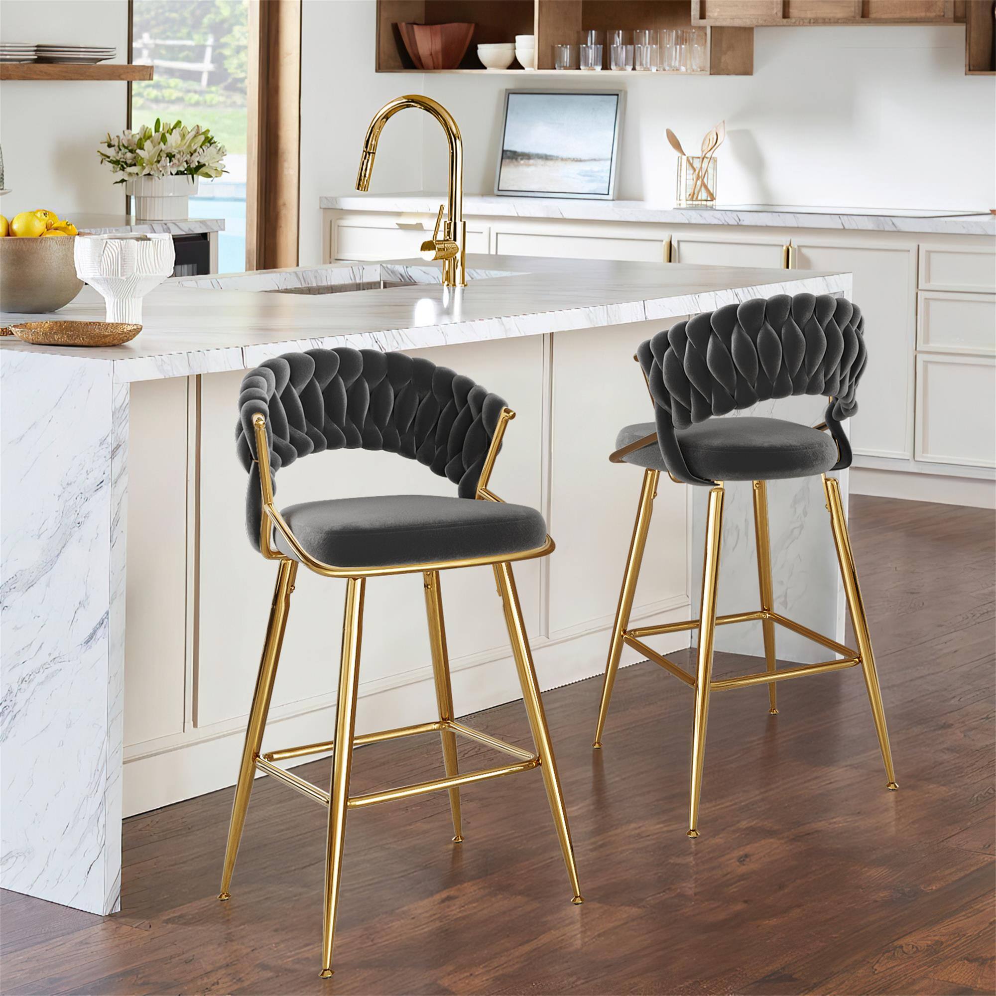 Alt View 1. Boyel Living - Modern Velvet Counter Stool with Gold Accents Ergonomic Design & Plush Seat for Kitchen Island & Bar - Black.