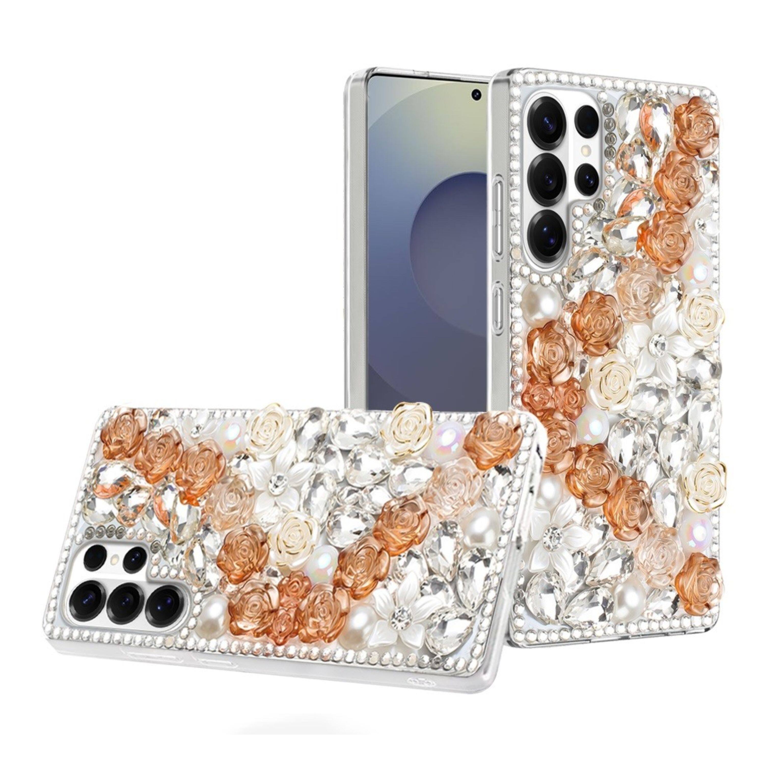 Front. Kitcheniva - Full Rhinestone 3D Rose Bling Design Phone Case With Tempered Glass For Samsung Galaxy S26 Ultra Gold - Gold.