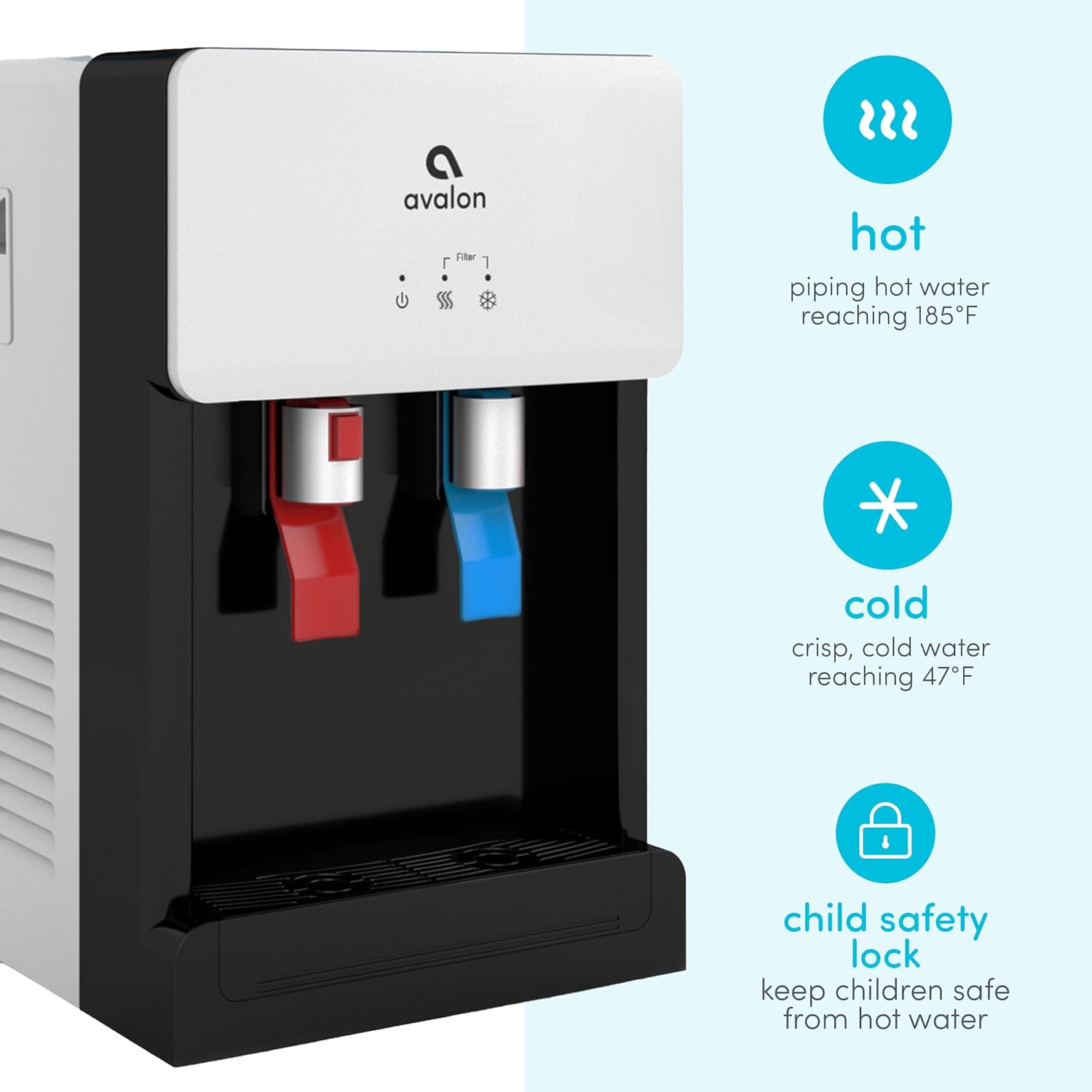 avalon Filter

hot
piping hot water reaching 185°F

cold
crisp, cold water reaching 47°F

child safety lock
keep children safe from hot water