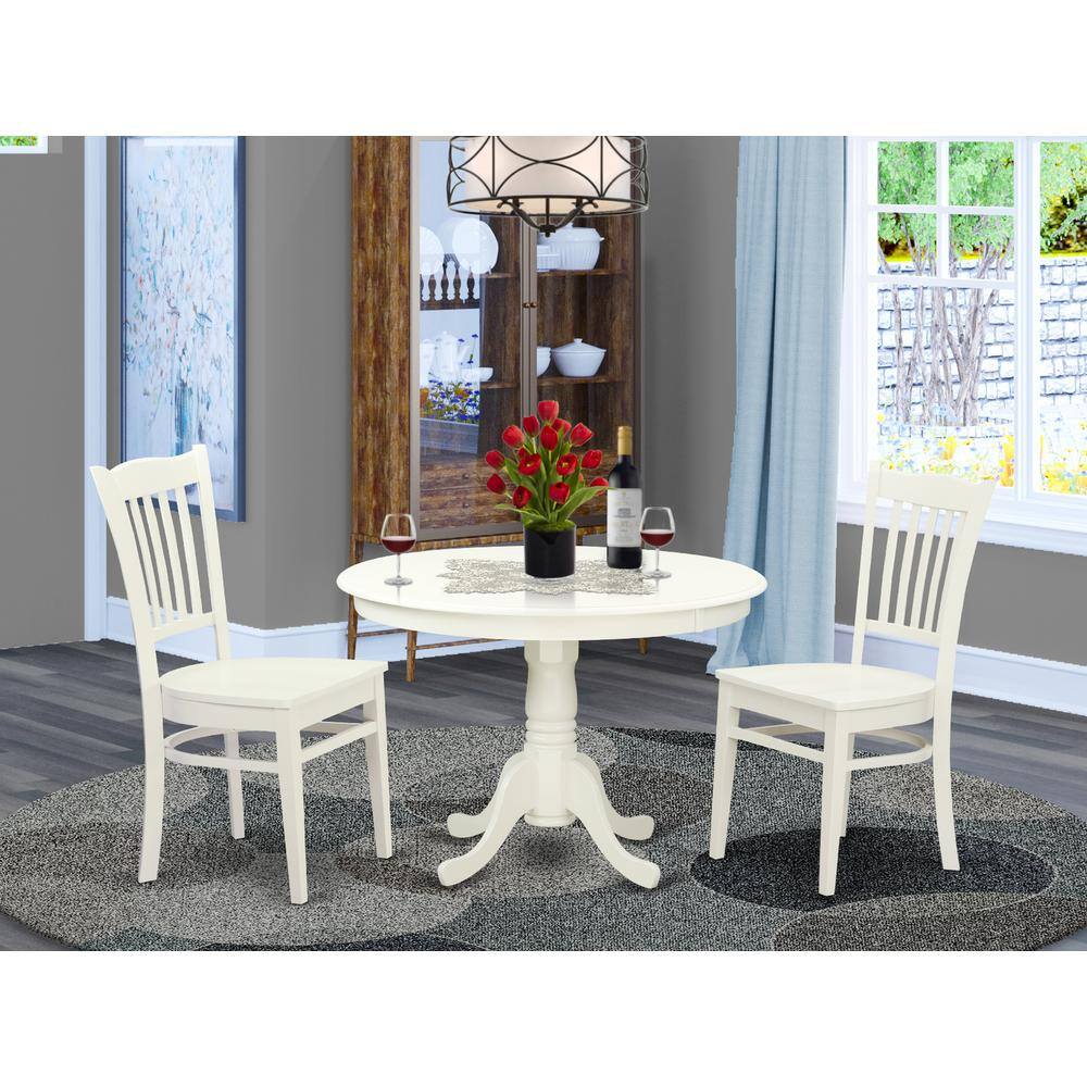 Back. East West Furniture - 3 Pc set with a Round Table and 2 Wood Dinette Chairs in Linen White - Linen White.