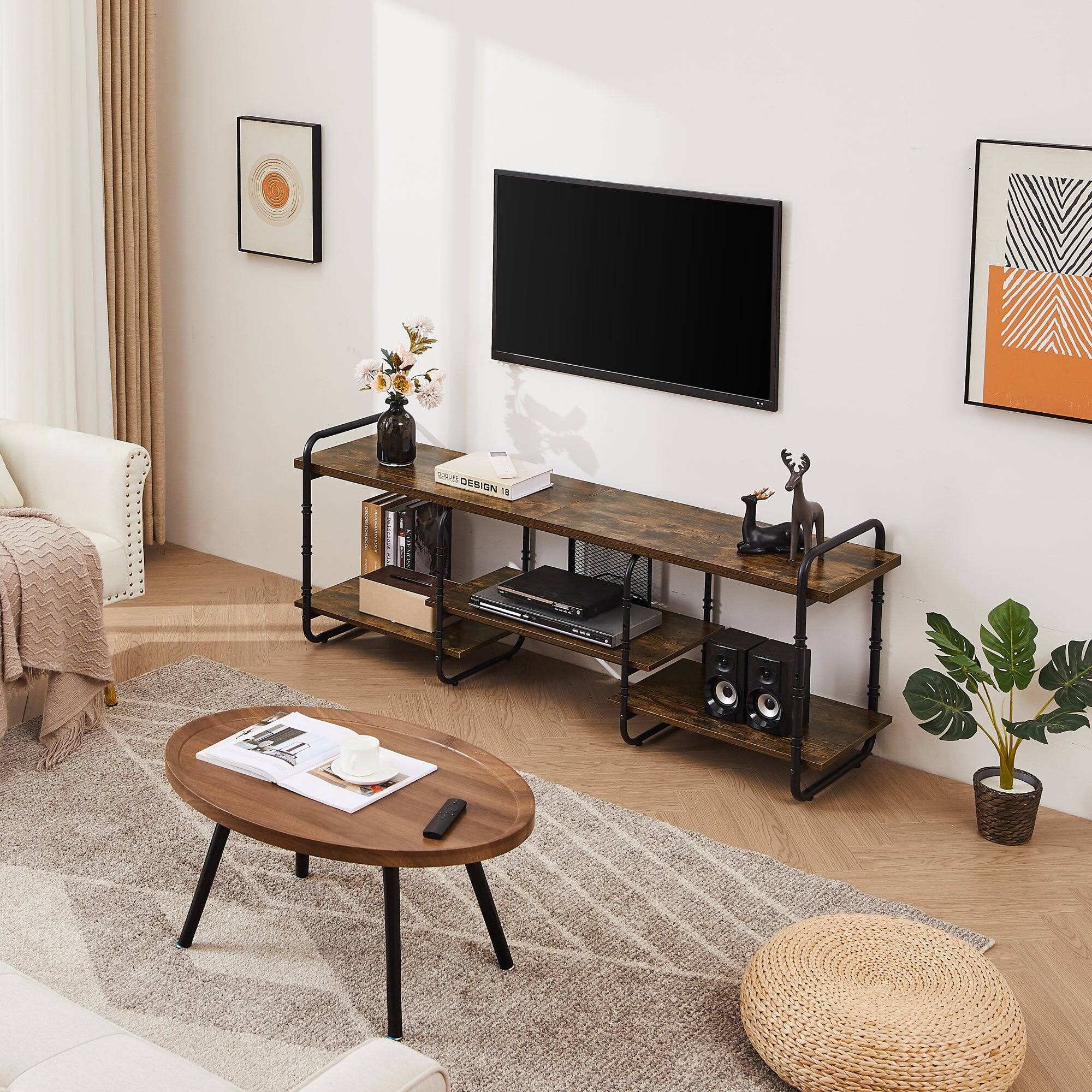 Alt View 1. Vecelo - 61" Industrial TV  Stand with Adjustable Shelves - Heavy Duty Metal Frame, 55lb Shelf Capacity,Brown - Brown.