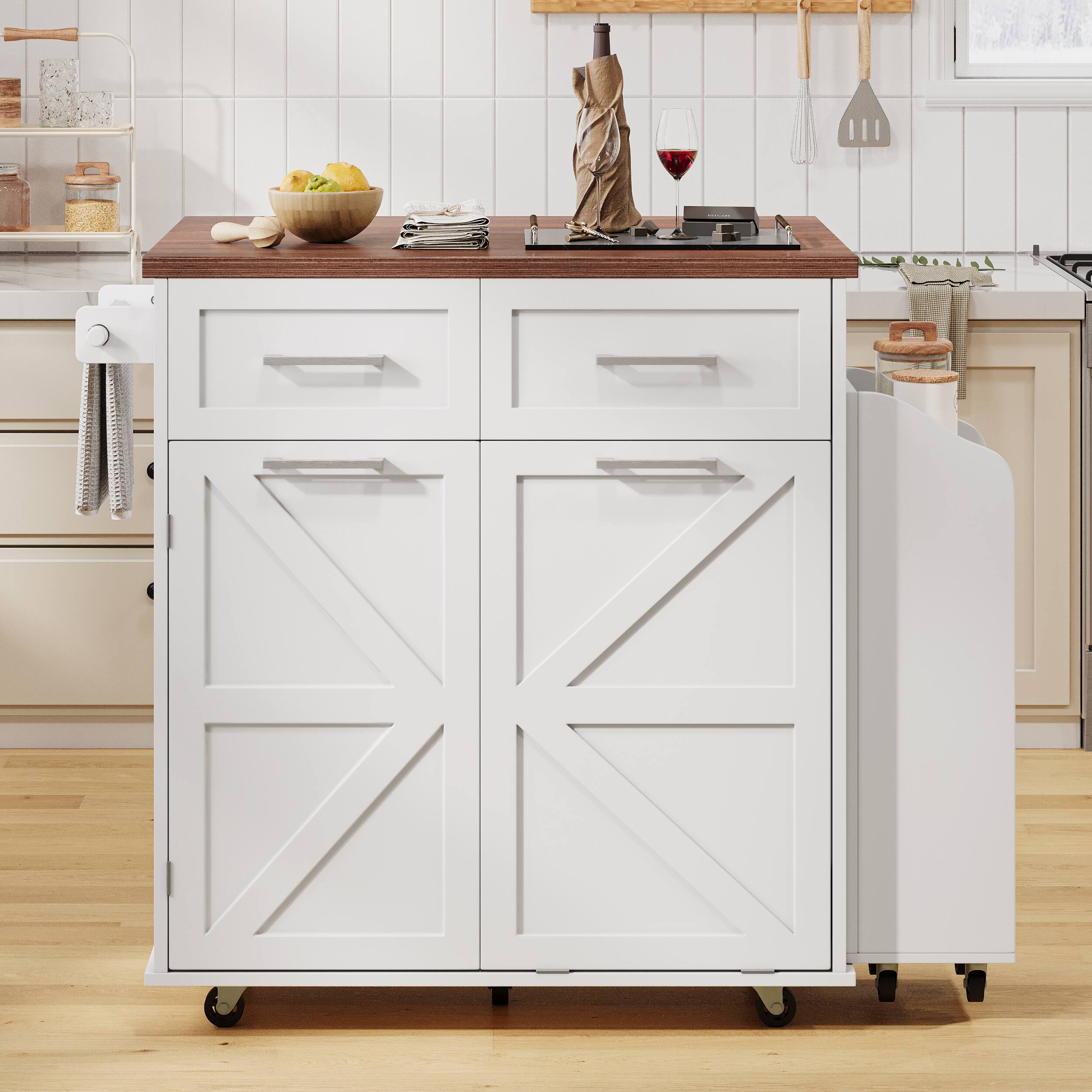 Front. PexFix - 47.2" Farmhouse Kitchen Island with Drop Leaf - Rolling Storage Cart with 2 Drawers, Side Racks & Towel Rack - White.