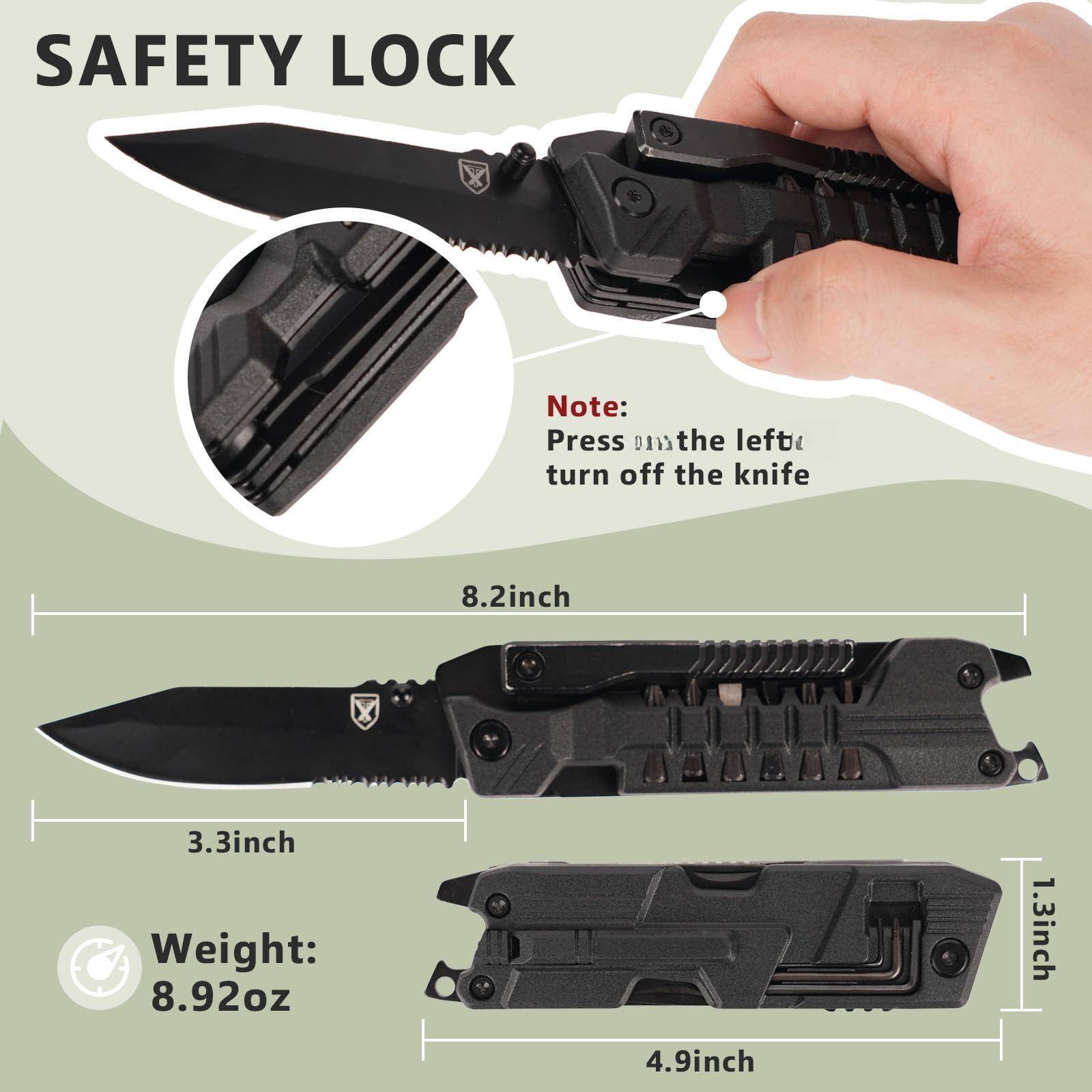 SAFETY LOCK

Note: Press DIV the left turn off the knife

8.2 inch  
3.3 inch  
1.3 inch  
4.9 inch  

Weight: 8.92 oz