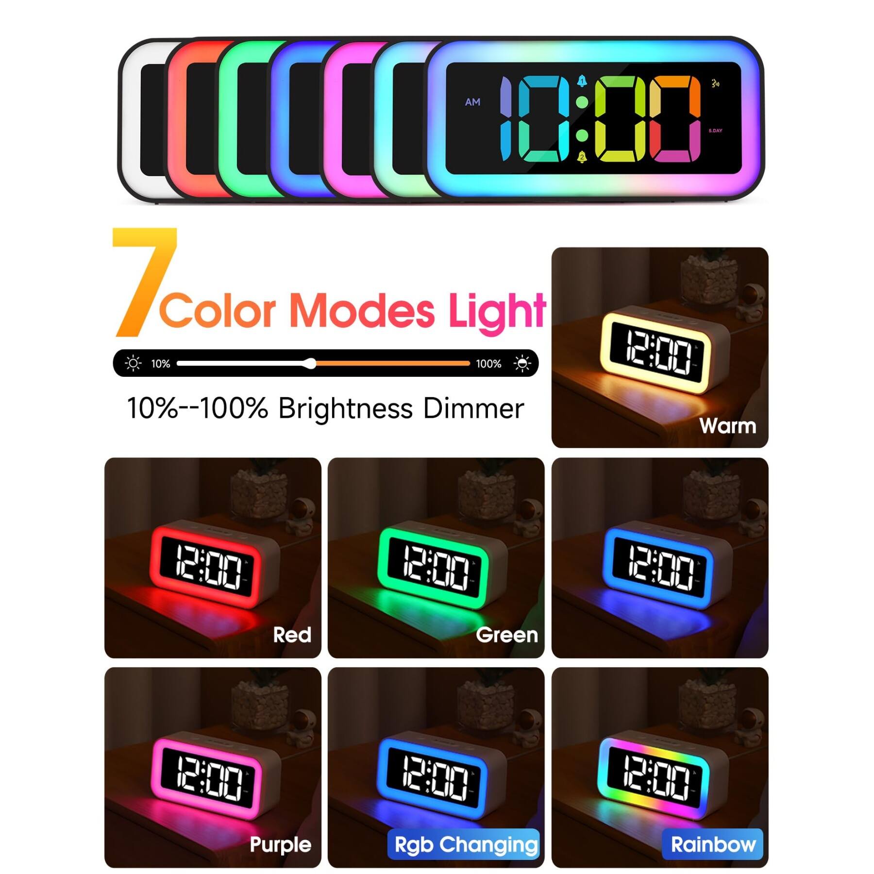 A AM 10:00 - 7 Color Modes Light 10% 100% 10%--100% Brightness Dimmer Warm 12:00 Red 12:00 Green 12:00 Purple 12:00 Rgb Changing 12:00 Rainbow