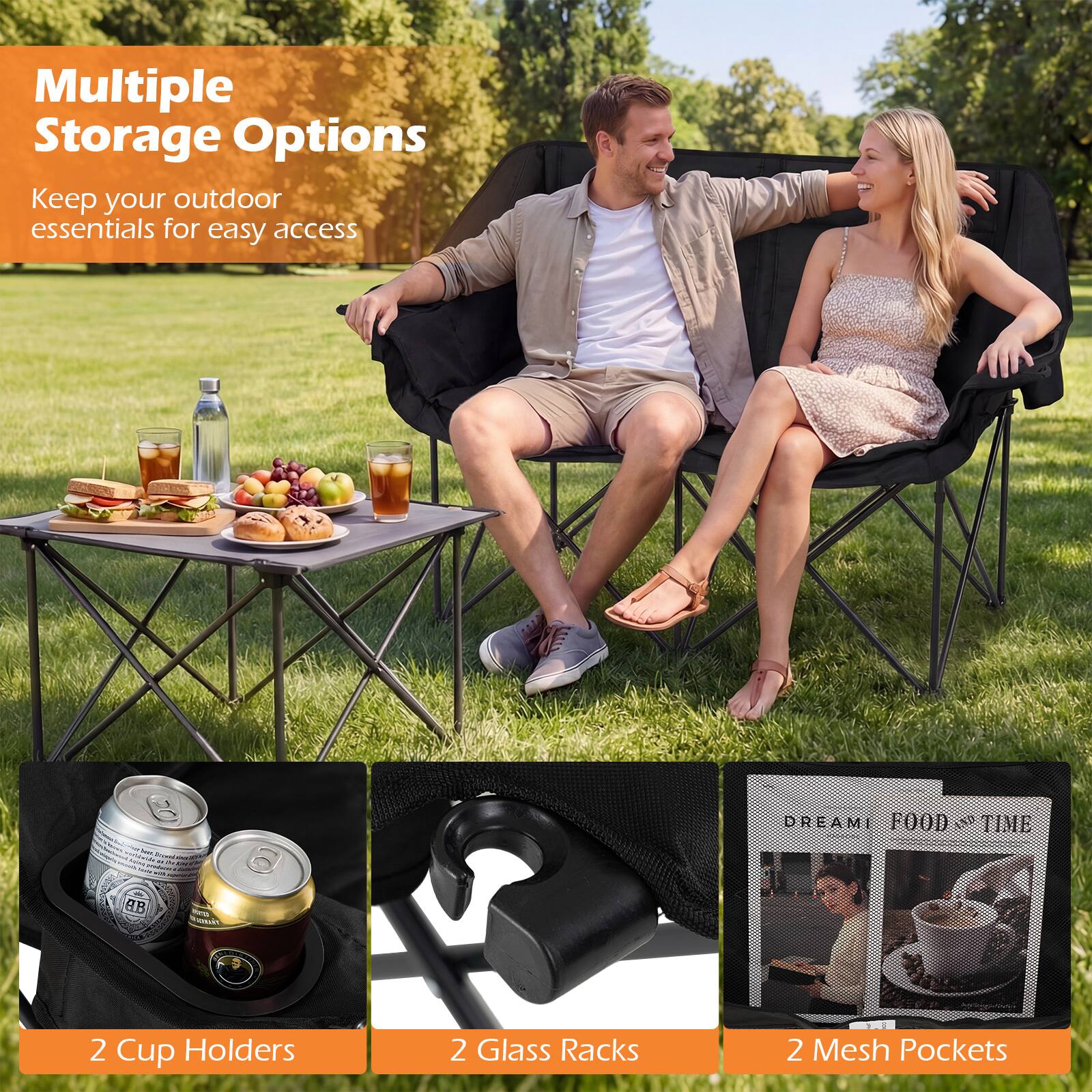 Gymax Double Camping Chair w/ Cup Holders Glass Racks & Mesh
