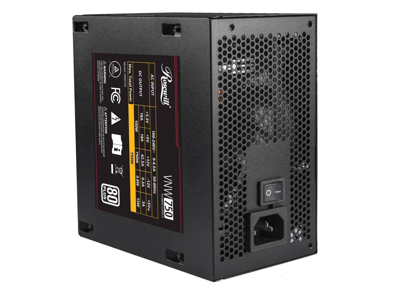 - Model: VNW750
- Max. Total Power: 750W
- DC Output:
  - +5V: 100W, 20A
  - +12V: 725W, 60A
  - -12V: 3.6W, 0.3A
  - +5VSB: 18W, 1.5A
- AC Input: 100-240V, 50-60Hz
- Efficiency: 80 Plus
- Warning: VNW750
- Attention: Plus
- Rosewill Power Supply