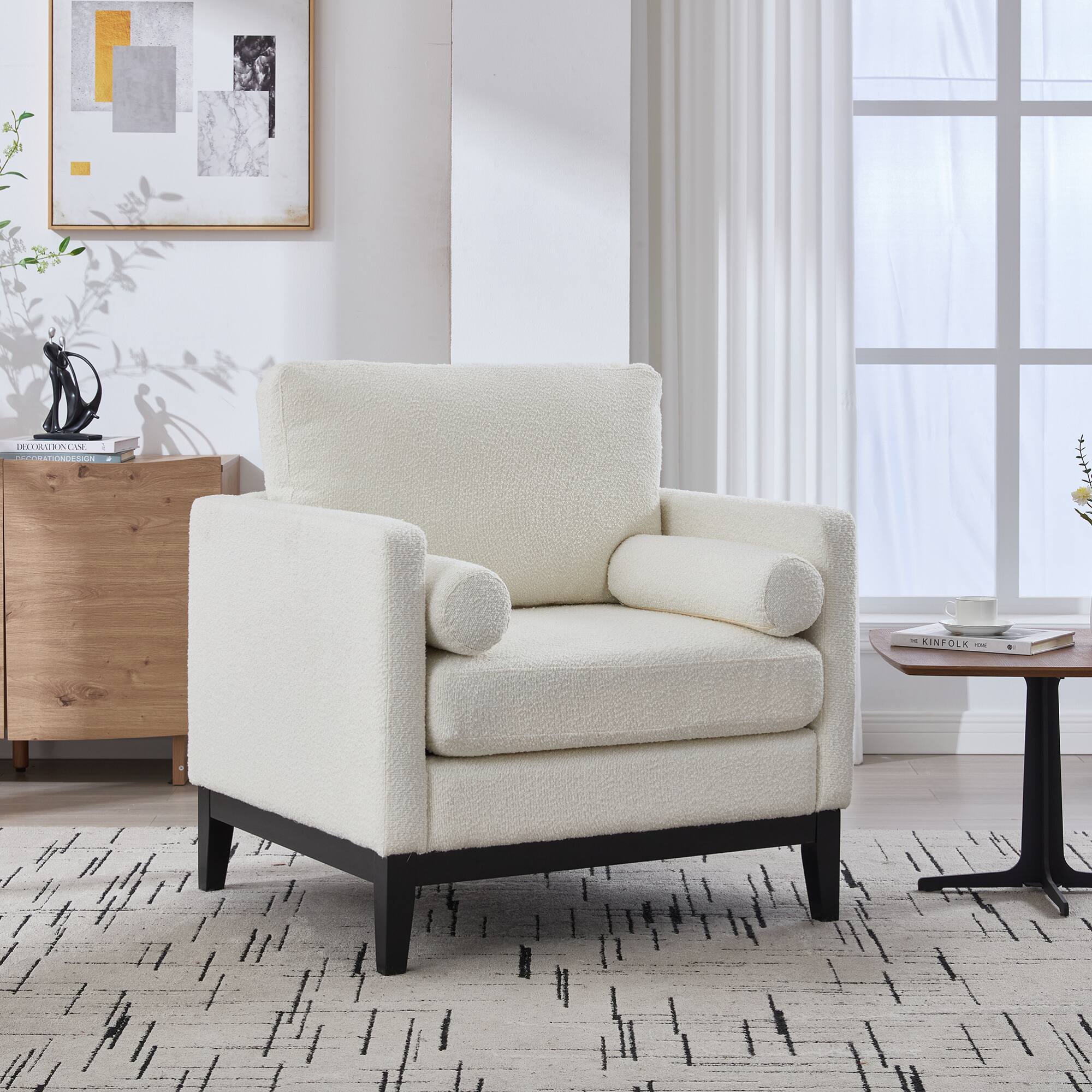 GOODSILO - Modern Farmhouse Performance Accent Chair with Natural Wood Legs and Boucle Upholstery for Living Spaces - Ivory