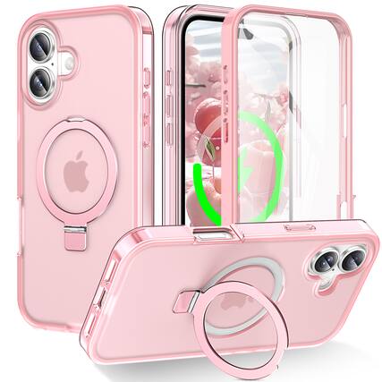 Front. Dteck - for Apple iPhone 17 Mag Safe Case, Ring Stand Built-in Screen Protector Full Body Cover - Pink.