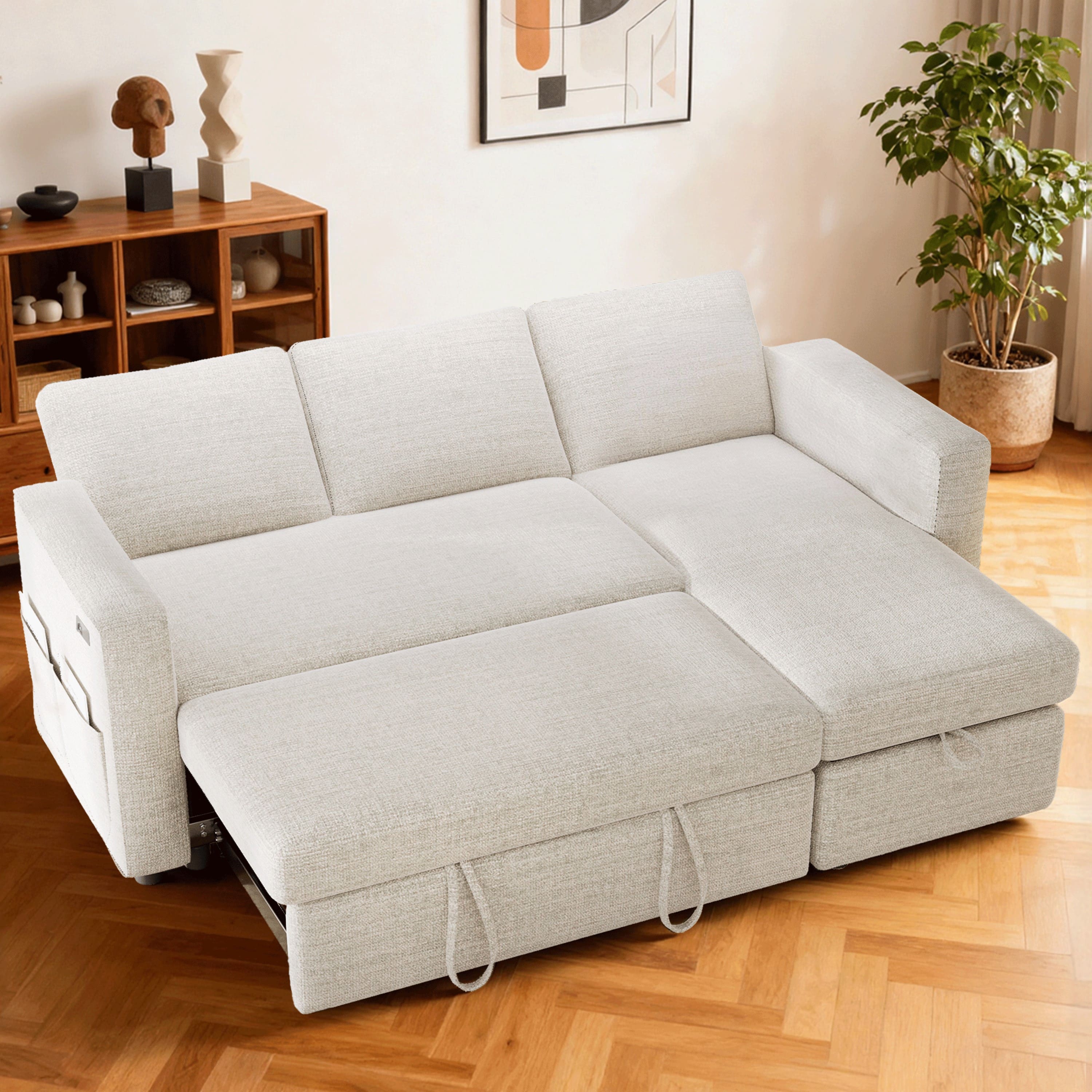 Dyonery - 81" Sleeper Sofa Bed with Pull Out Bed L Shaped Sectional Sleeper Sofa, Tool-Free Assembly, Chenille Beige - Beige