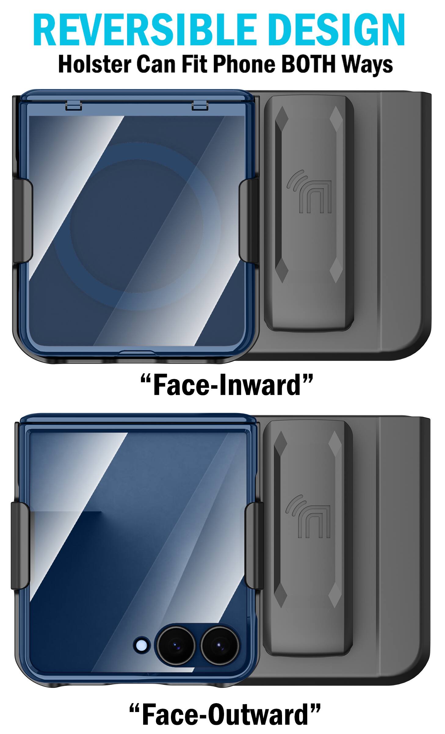 REVERSIBLE DESIGN  
Holster Can Fit Phone BOTH Ways  
"Face-Inward"  
"Face-Outward"