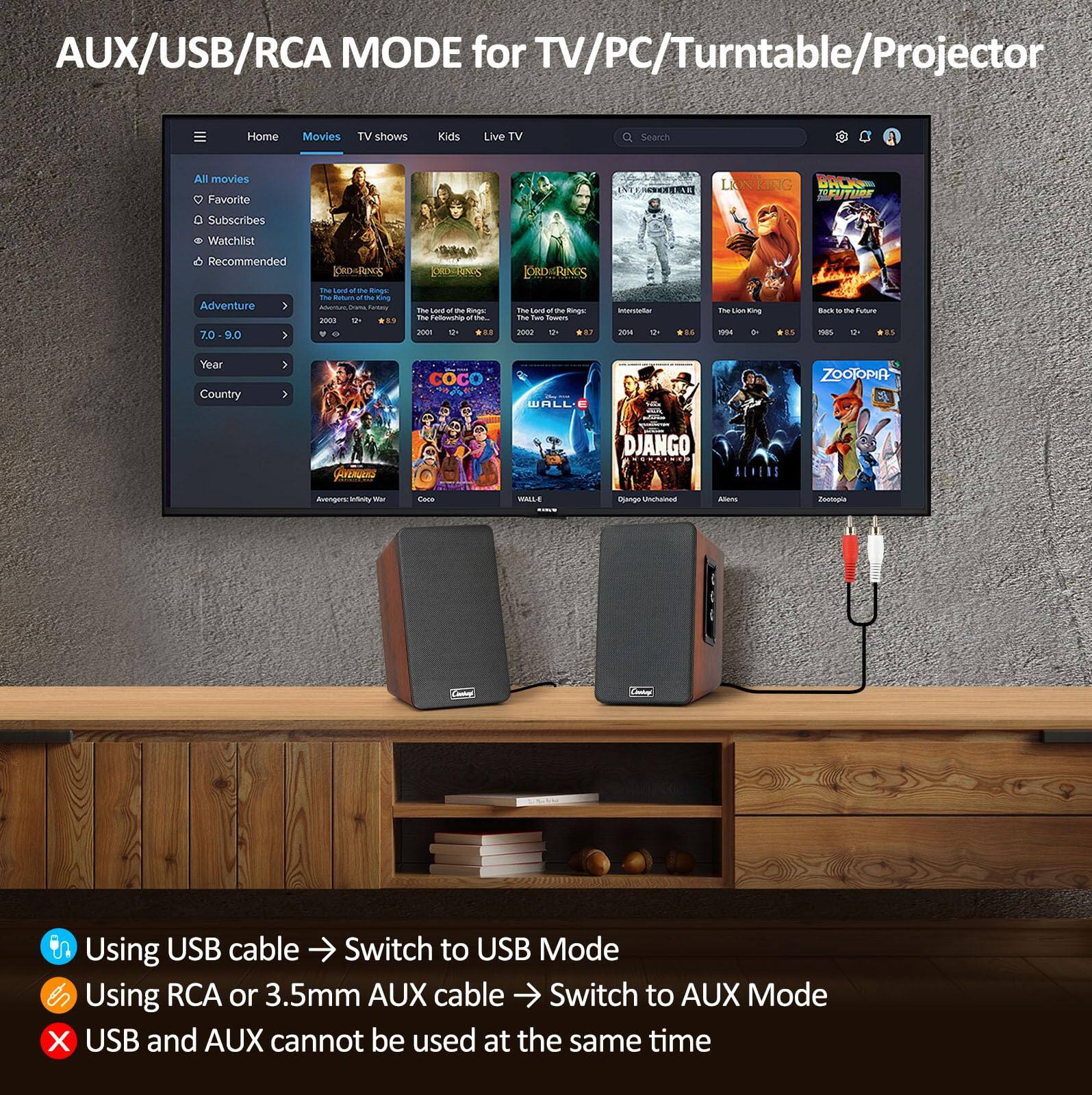 AUX/USB/RCA MODE for TV/PC/Turntable/Projector

Home Movies TV shows Kids Live TV Search

All movies Favorite Subscribes Watchlist Recommended

Adventure 7.0 9.0 3

Using USB cable → Switch to USB Mode

Using RCA or 3.5mm AUX cable → Switch to AUX Mode

USB and AUX cannot be used at the same time