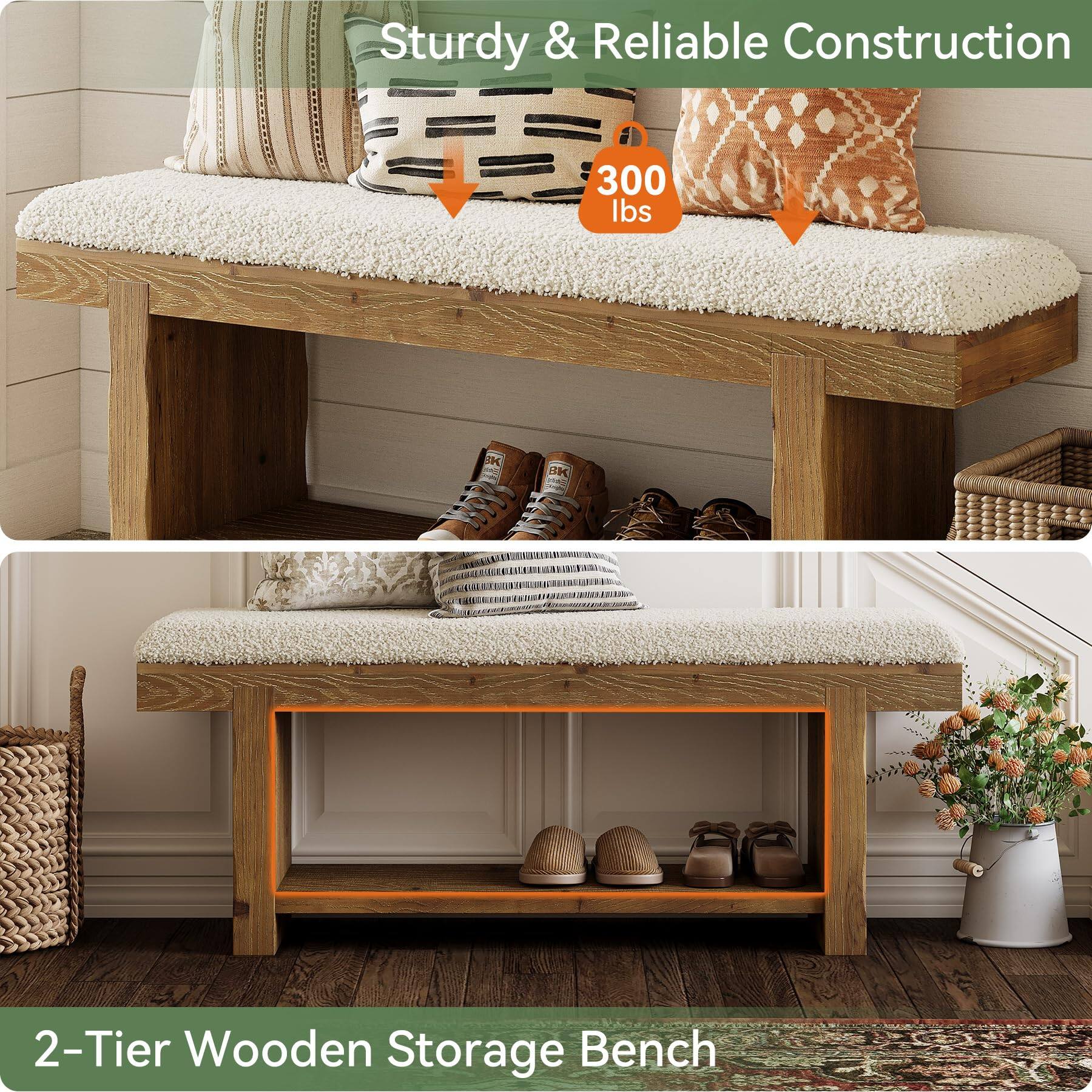 Tribesigns 47.2 Inch Solid Wood Entryway Bench, 2 Tier Farmhouse ...