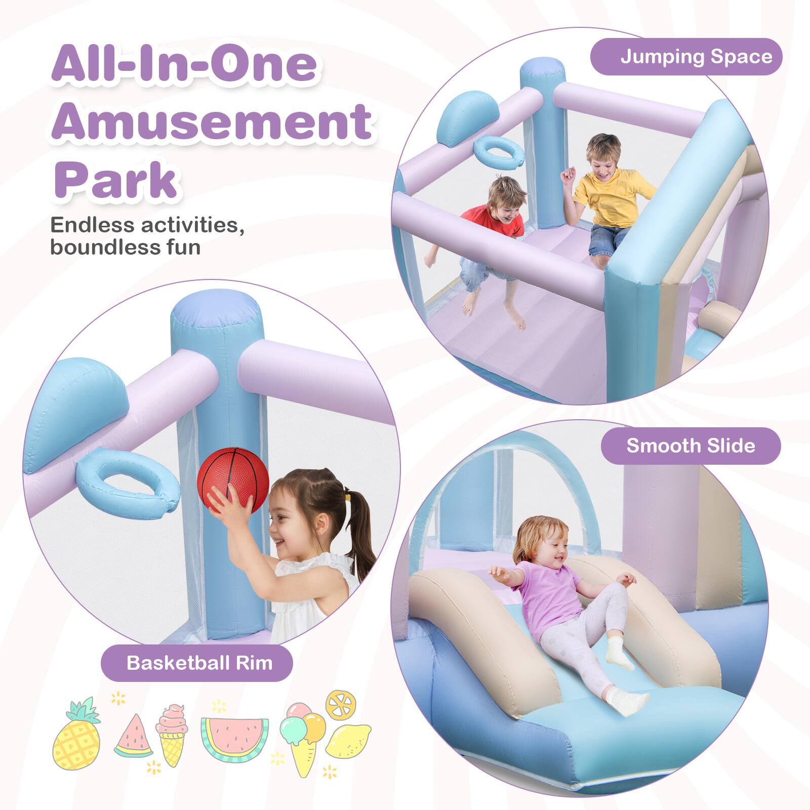 All-In-One Amusement Park  
Endless activities, boundless fun  

Jumping Space  
Smooth Slide  
Basketball Rim