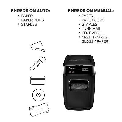 SHREDS ON AUTO:
- PAPER
- PAPER CLIPS
- STAPLES

SHREDS ON MANUAL:
- PAPER
- PAPER CLIPS
- STAPLES
- JUNK MAIL
- CD/DVDS
- CREDIT CARDS
- GLOSSY PAPER