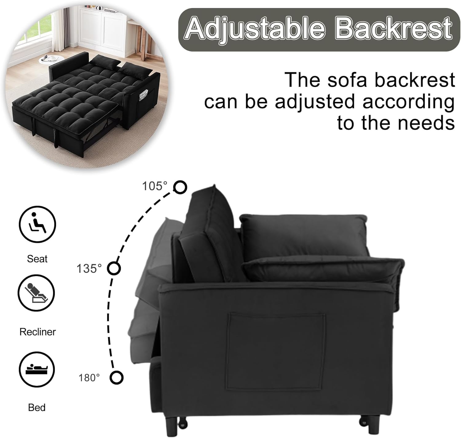 Adjustable Backrest

The sofa backrest can be adjusted according to the needs

105° Seat
135° Recliner
180° Bed