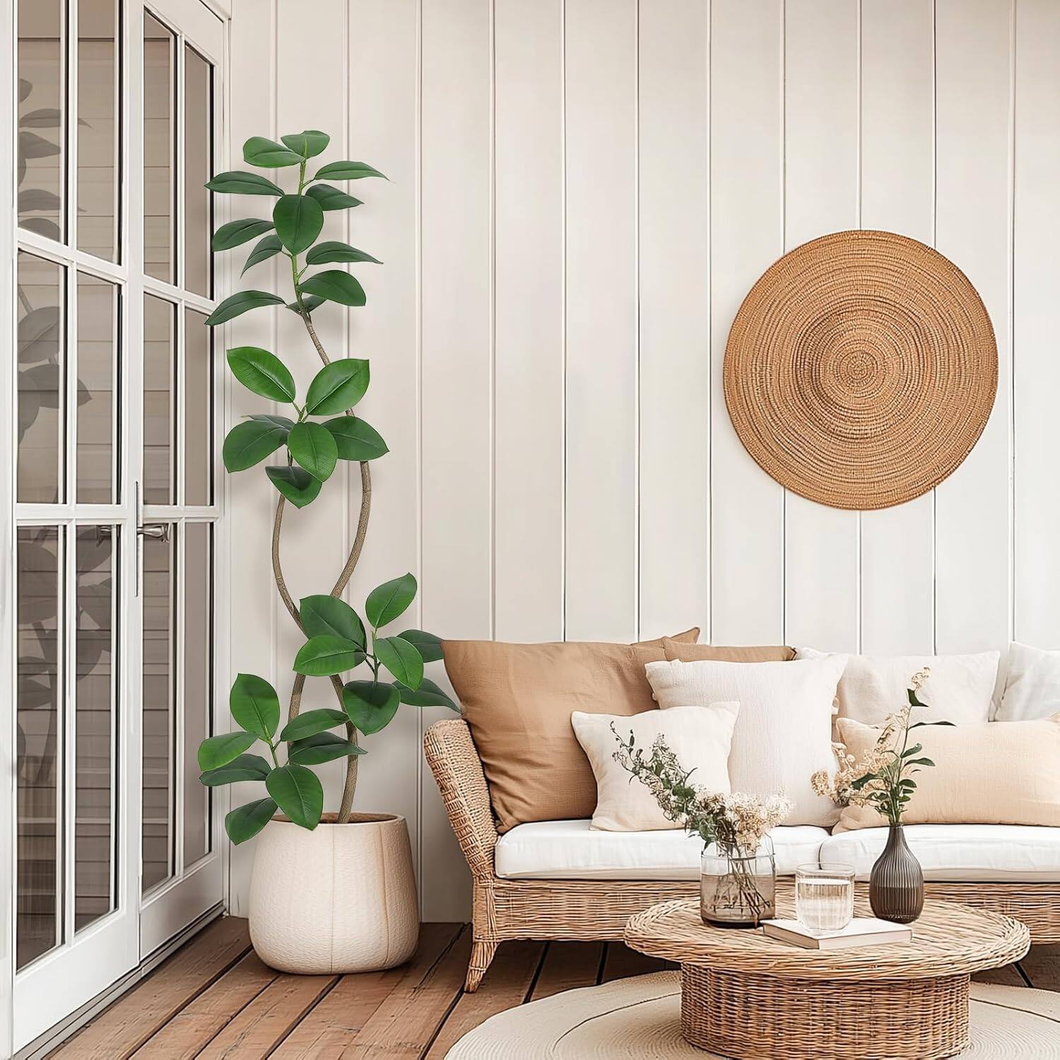 Alt View 2. Homhougo - 6 ft Fiddle Leaf Fig Tree, Fig Tree Faux Plants Indoor, Artificial Plants Indoor Potted with White Sphere Resin Planter - Black Planter White Pebbles.