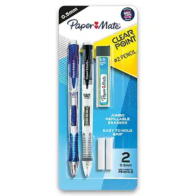 0.5mm Paper Mate CLEAR POINT #2 PENCIL
JUMBO REFILLABLE ERASERS
EASY TO HOLD GRIP
2 0.5mm PENCILS