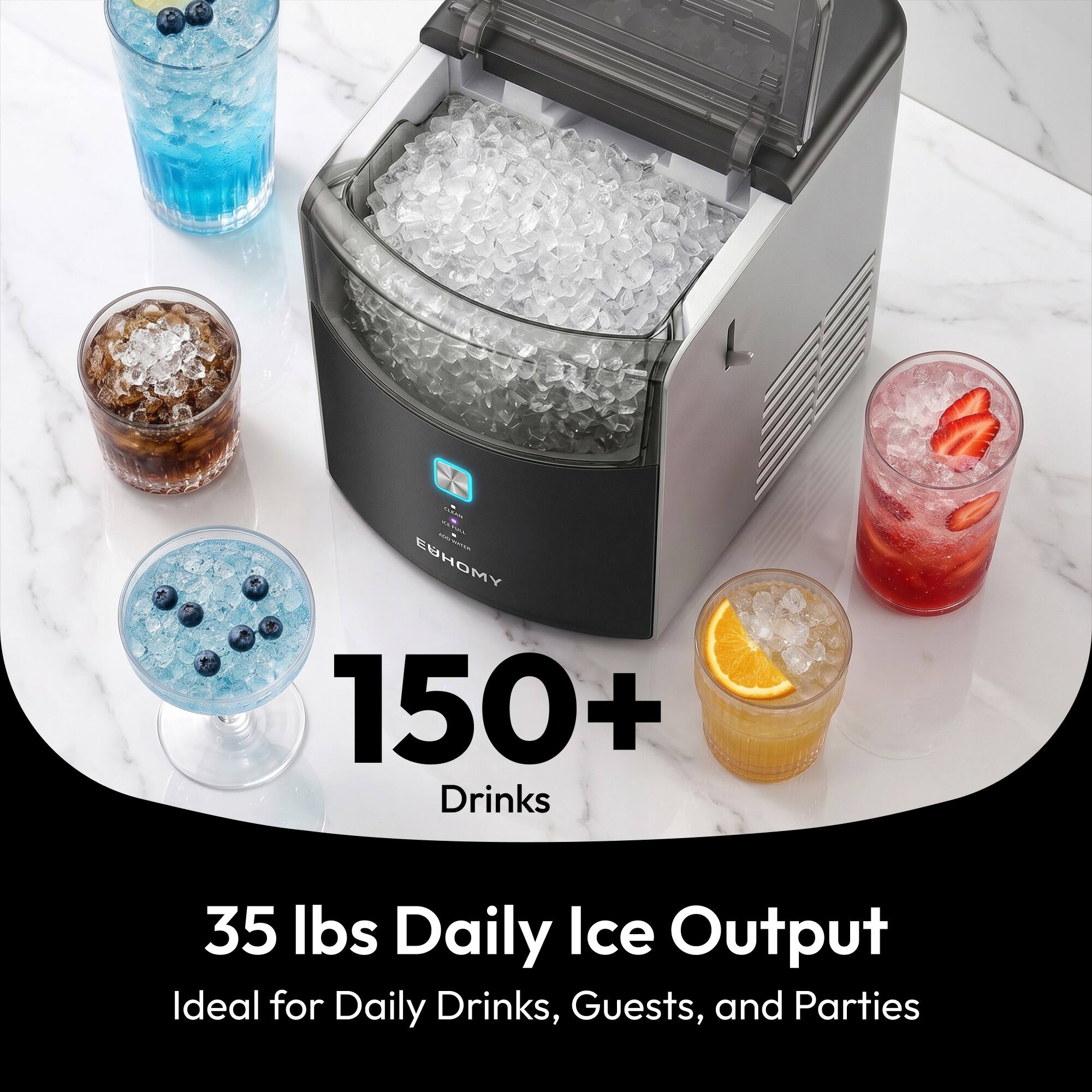 EUHOMY 150+ Drinks 35 lbs Daily Ice Output Ideal for Daily Drinks, Guests, and Parties