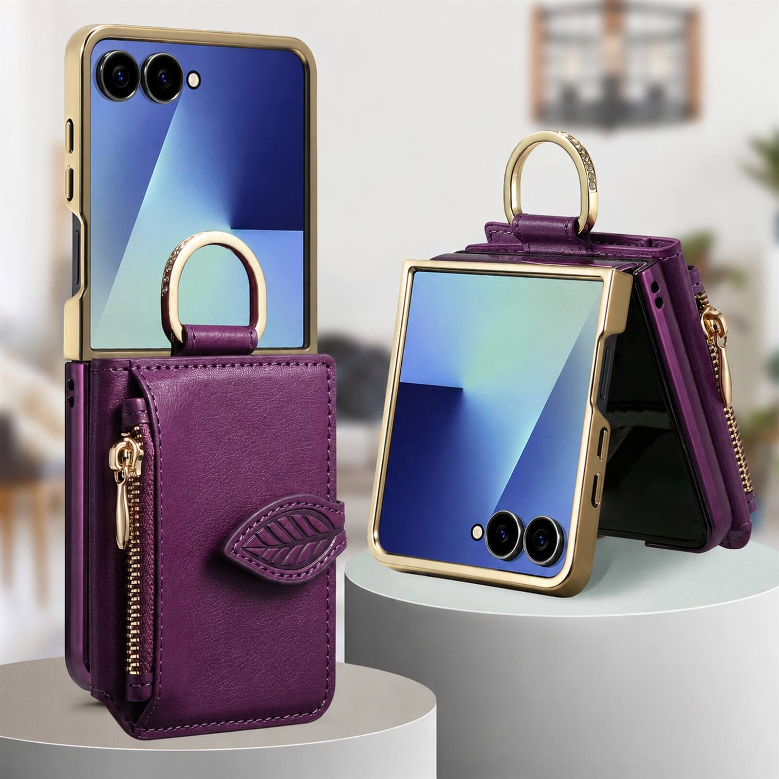 Back. Dteck - Zipper Wallet Card Pocket Back Cover for Samsung Galaxy Z Flip8 with Mirror Design, Shockproof Finger Ring Rugged Cover - Purple.