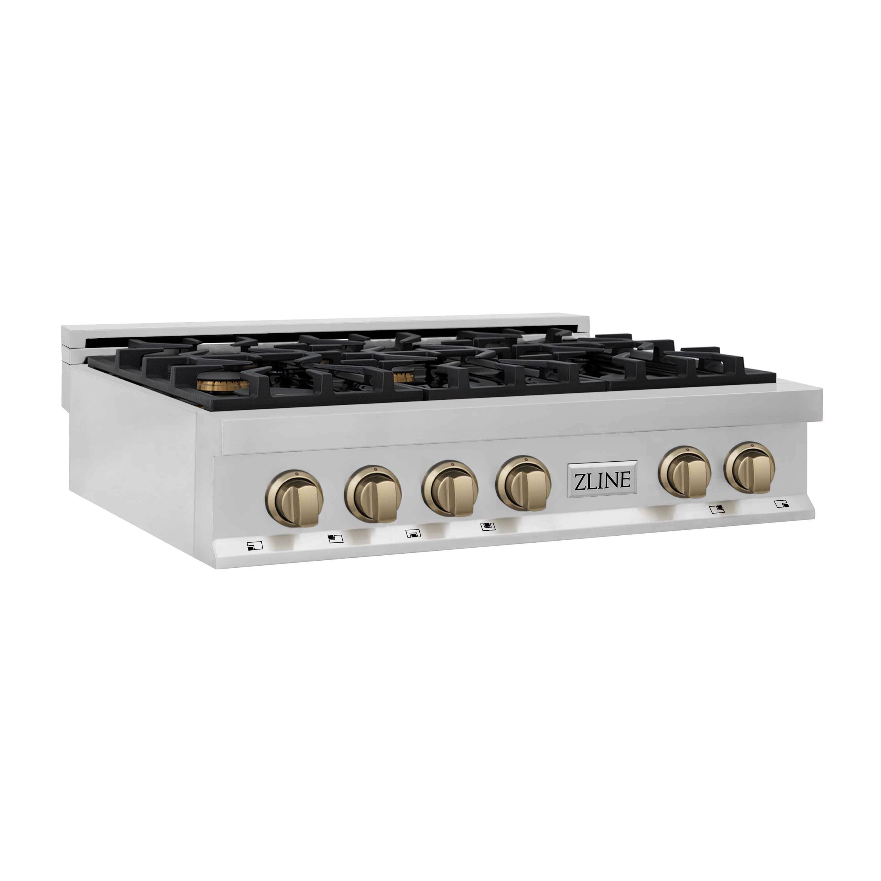 Angle. ZLINE - ZLINE Autograph 36 in. Slide-In Classic Rangetop w/ 6 Burners in Stainless Steel & Champagne Bronze Accents - Stainless Steel.