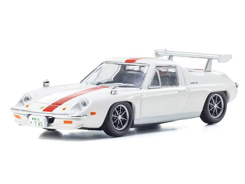 Angle. Kyosho - Lotus Europa RHD (Right Hand Drive) White with Red Stripe "The Circuit Wolf" Manga 1/64 Diecast Model Car by Kyosho - White with Red.