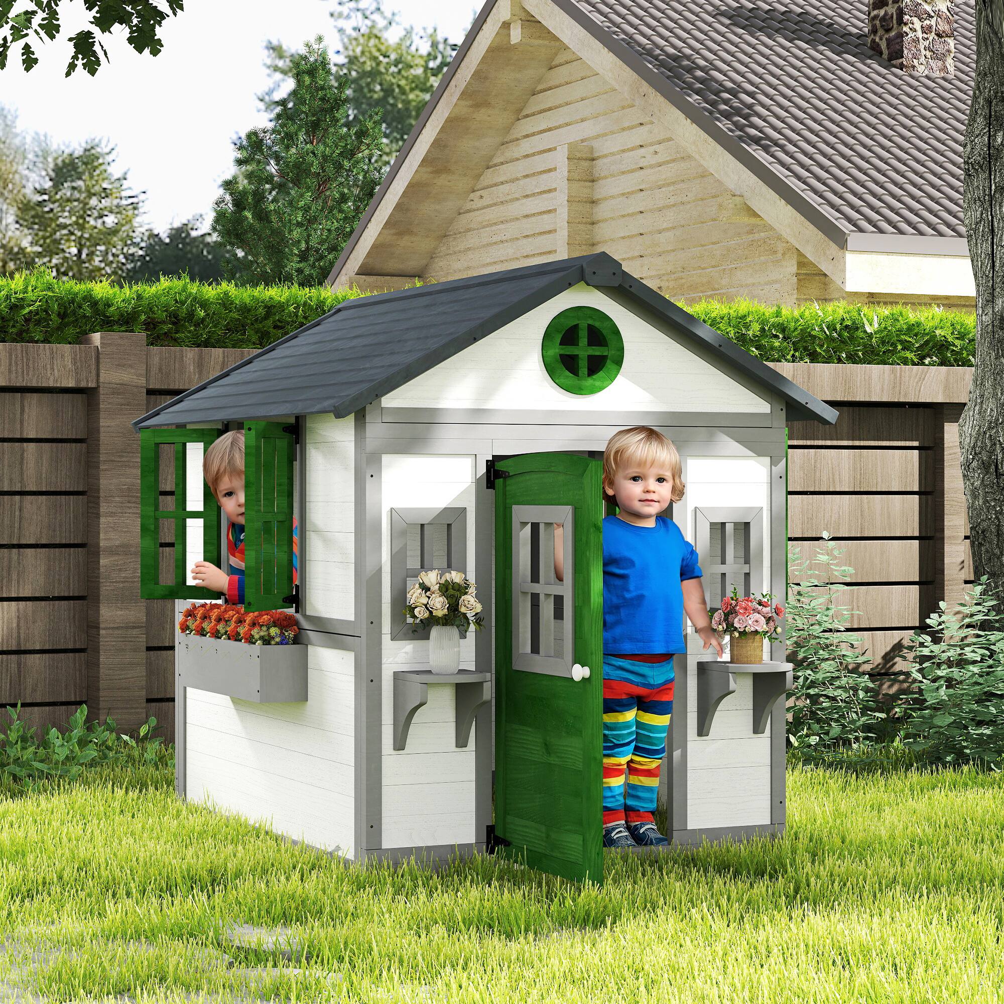 Angle. Outsunny - Outdoor Kids Playhouse, Wooden with Doors, Windows, Planter Pots and Boxes, Toddlers 3-8 Years, Backyard.