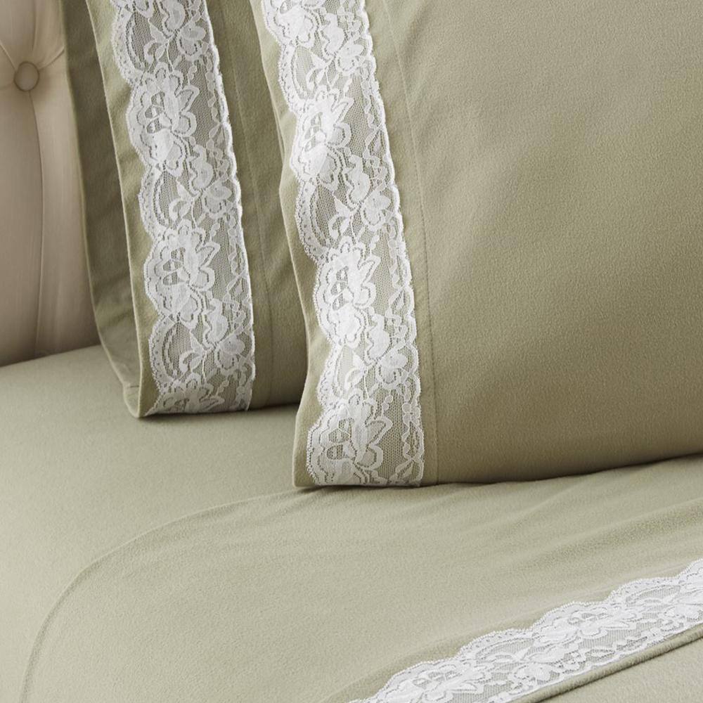 Alt View 1. Shavel Home Products - Shavel Micro Flannel Quality Lace-Edged King Flat/Fitted Sheet Set with 2 Pillowcase 21"x40" Meadow - Meadow.