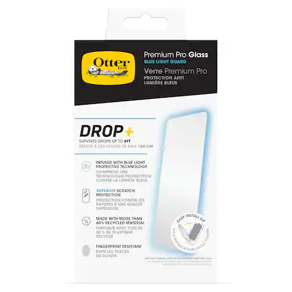 Premium Pro Glass Otter BLUE LIGHT GUARD BOX Verre Premium Pro PROTECTION ANTI LUMIRE BLEUE DROP + SURVIVES DROPS UP TO 6FT RSISTE A DES CHUTES DE MAX 180 M INFUSED WITH BLUE LIGHT PROTECTIVE TECHNOLOGY COMPREND UNE TECHNOLOGIE PROTECTRICE CONTRE LA LUMIRE BLEUE SUPERIOR SCRATCH PROTECTION PROTECTION CONTRE LES RAYURES D'UNE QUALIT SUPRIEURE MADE WITH MORE THAN 60% RECYCLED MATERIAL KIT FABRIQU AVEC PLUS DE 60 % DE PLASTIQUE KIT RECYCL FOURNI FINGERPRINT EVITE LES TRACES RESISTANT INSTALLATION FACILE DE DOIGTS PRODUCT IMADES ARE FOR ILLUSTRATIVE PURPOSES ONLY LES IMAGES DE PRODUITS NE SONT DONNES QA 11 a bes Tines 'ILLUSTRATION